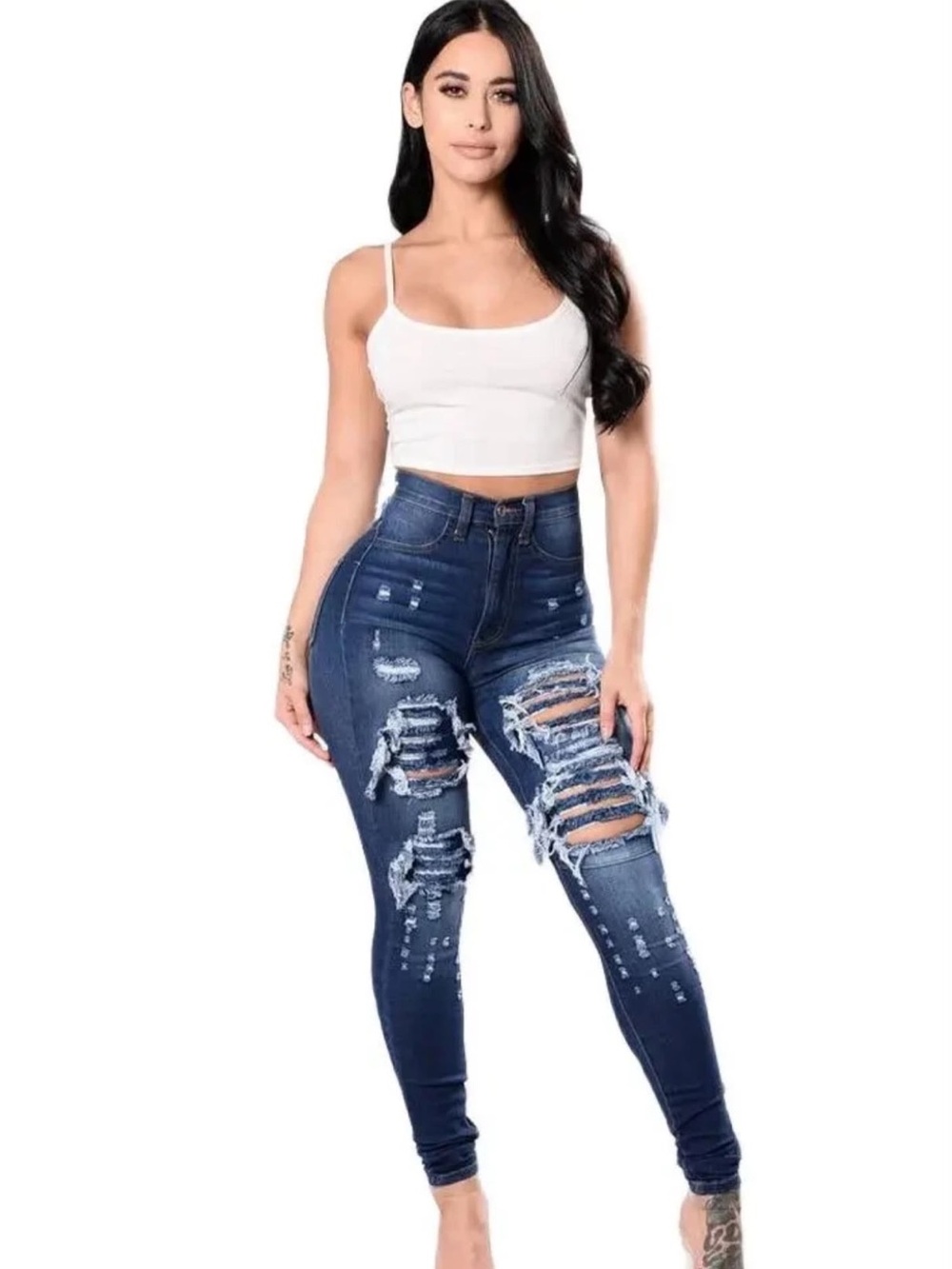 High-Rise Ripped Skinny Jeans in Dark Blue